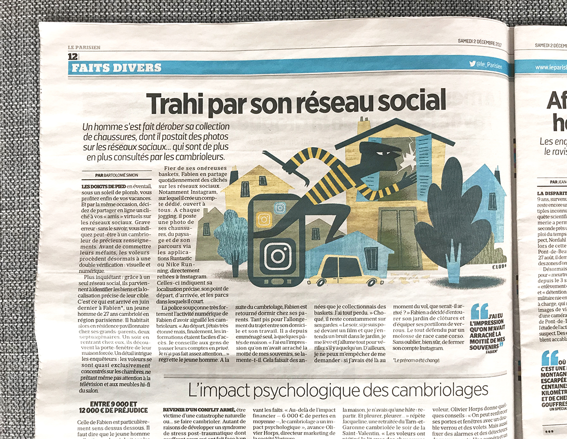 Clod illustration Le Parisien cambriolage et réseaux sociaux