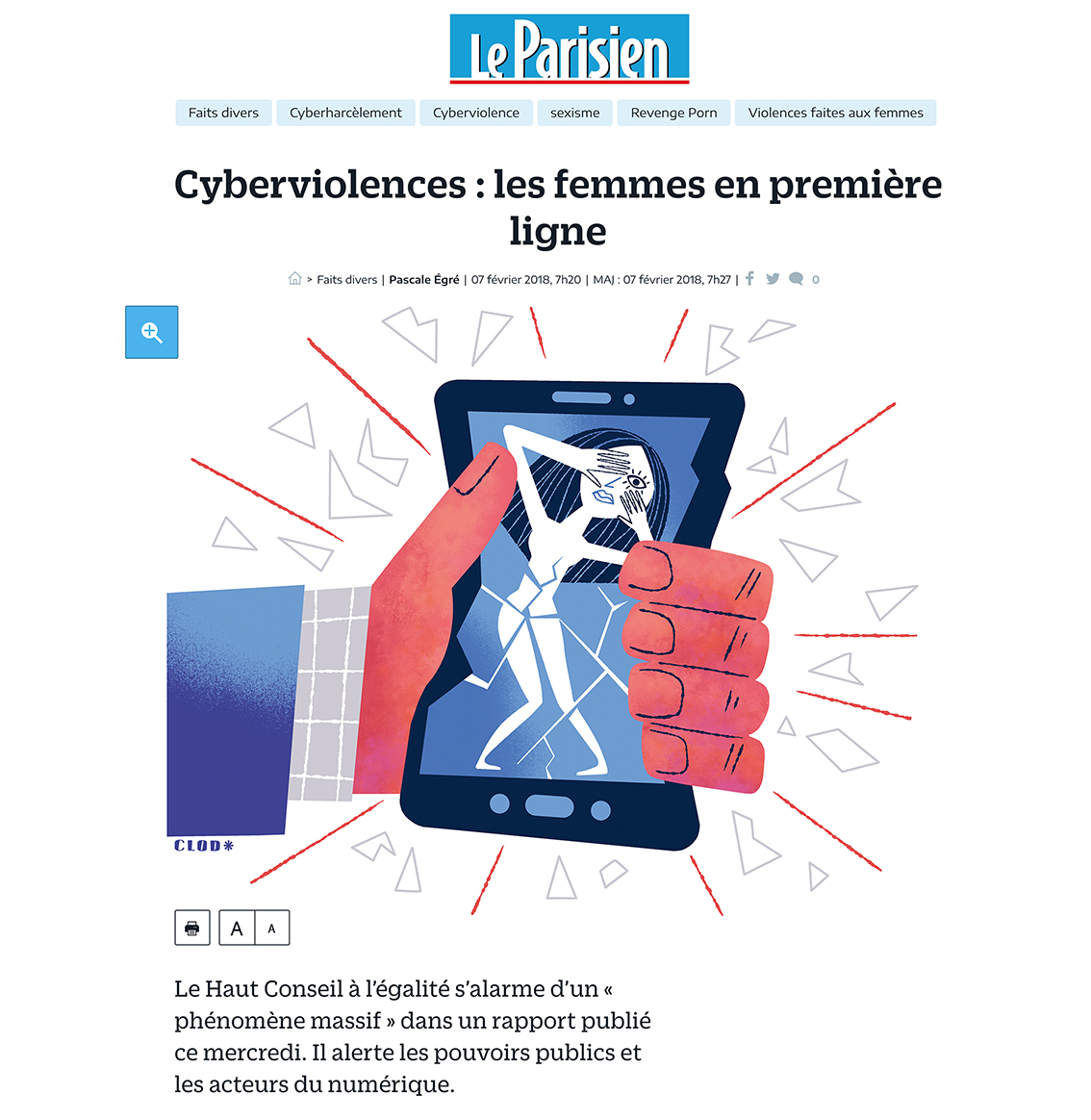 Clod illustration Le Parisien fait-divers cyberviolences faites aux femmes