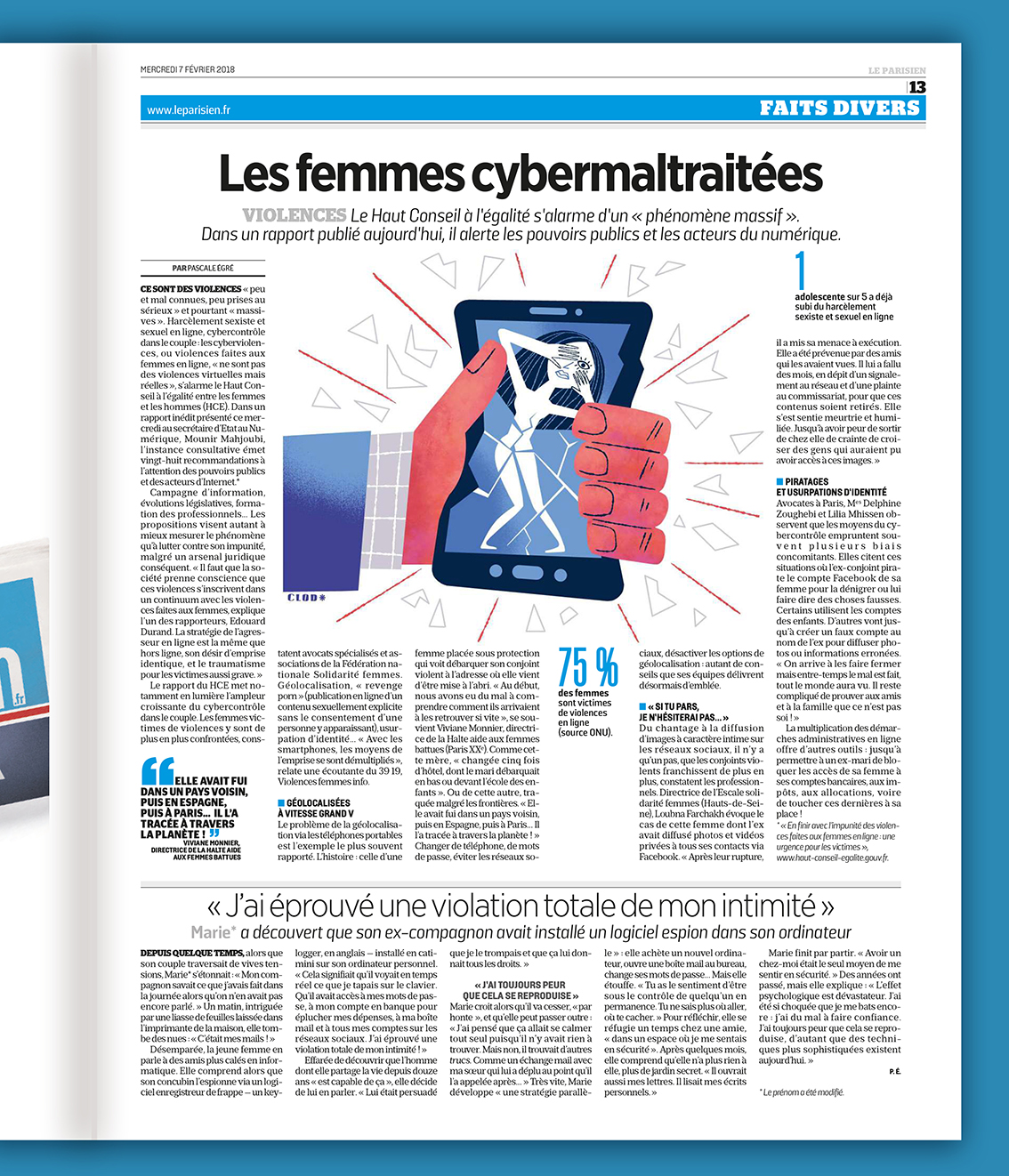 Clod illustration Le Parisien fait-divers cyberviolences faites aux femmes