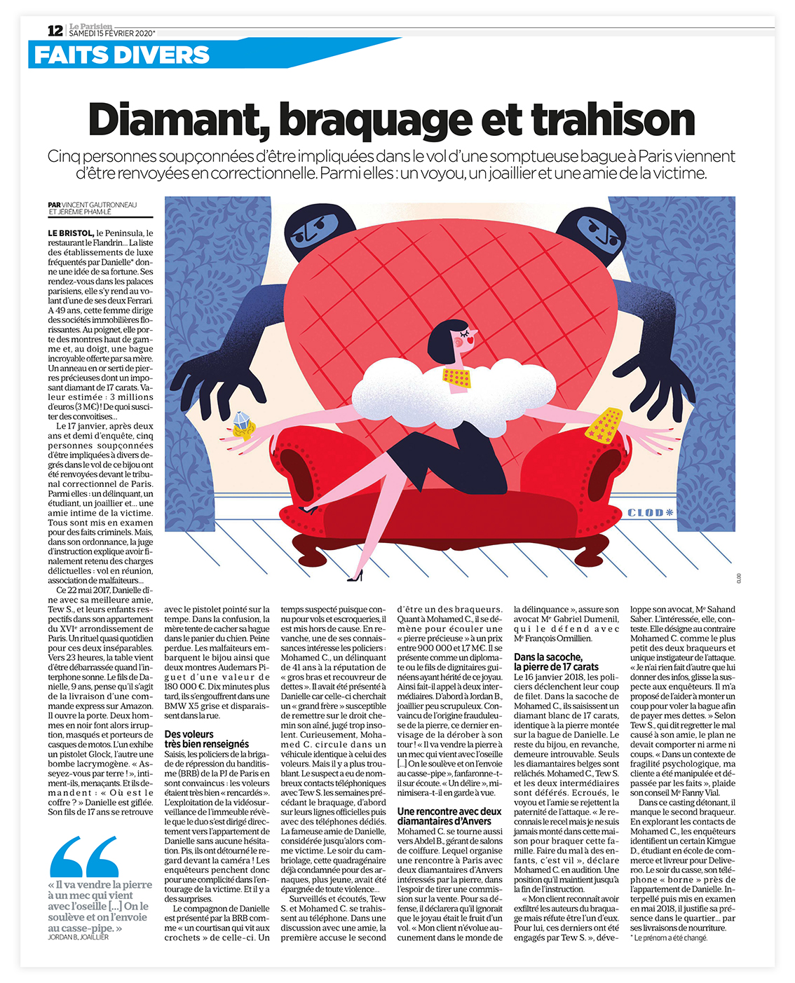 Clod illustration Le Parisien article Diamant, braquage et trahison