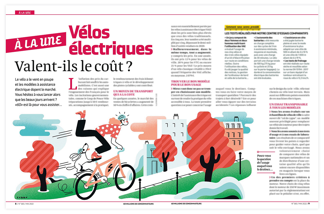 Clod illustration magazine 60 Millions de Consommateurs numéro 580 de mai 2022 : Les vélos électriques valent ils le coût ?
