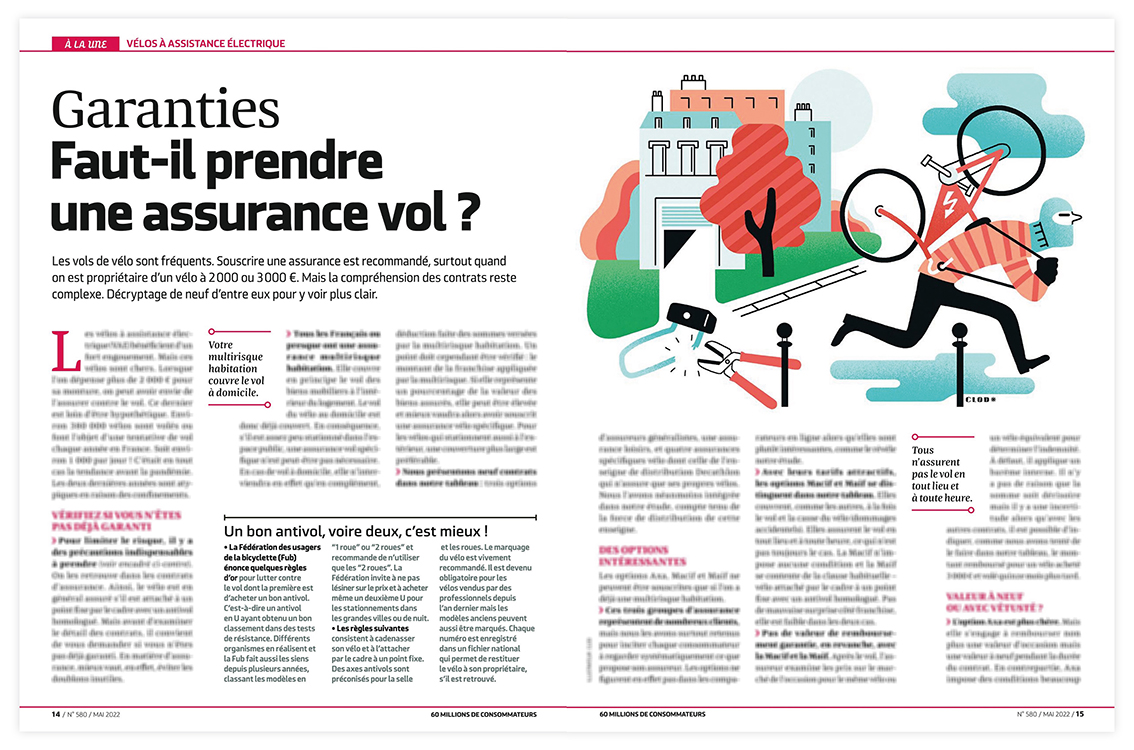 Clod illustration magazine 60 Millions de Consommateurs numéro 580 de mai 2022 : Les vélos électriques valent ils le coût ?