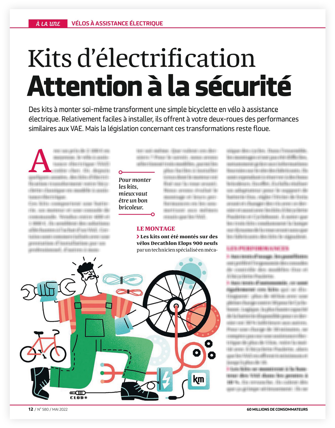 Clod illustration magazine 60 Millions de Consommateurs numéro 580 de mai 2022 : Les vélos électriques valent ils le coût ?