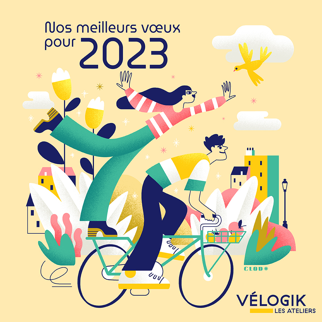 Clod illustration vœux 2023 pour les ateliers Vélogik